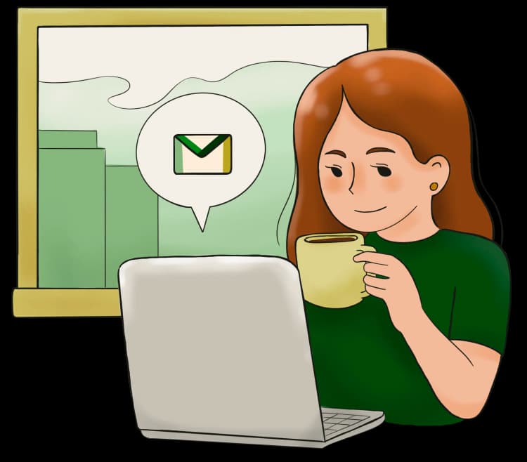 Illustration of a girl drinking coffee and getting an email